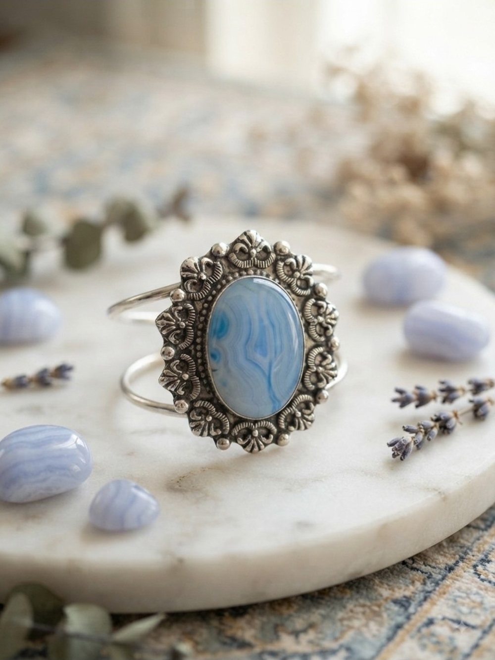 Blue Agate Floral Silver Cuff Bracelet - Women Jewelry